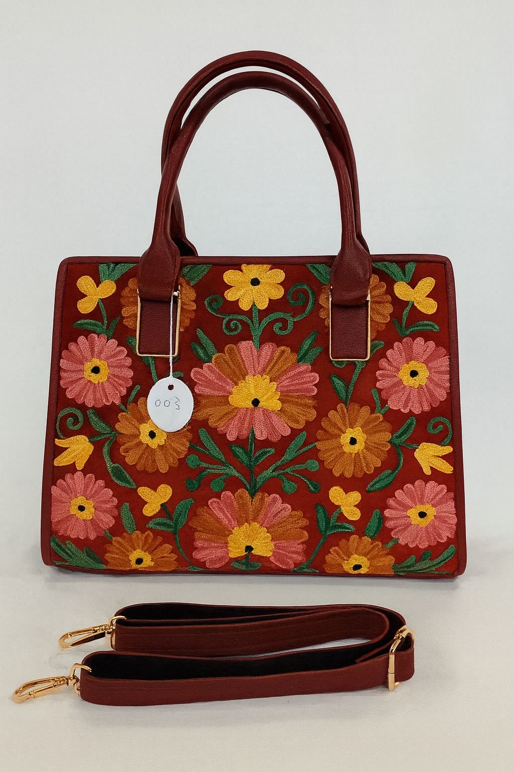 Embroidered Floral Handbag with Detachable Strap