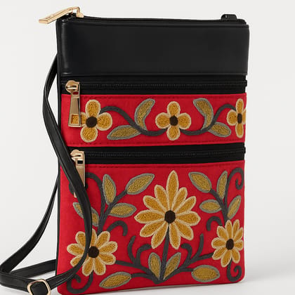Vibrant Red Embroidered Floral Cross-Body Sling Bag with Multiple Zippers