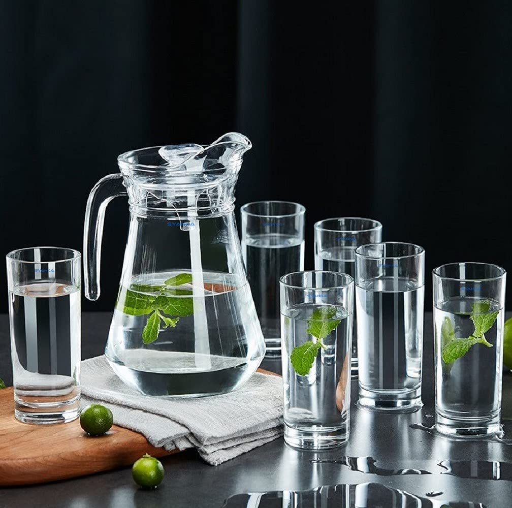 Premium Water and Juice Glasses Set of 6 and Jug Set Combo - Glasses 300ML, Jug 1.3 Liter, Glass and Jug Set for Dining Table, Transparent 