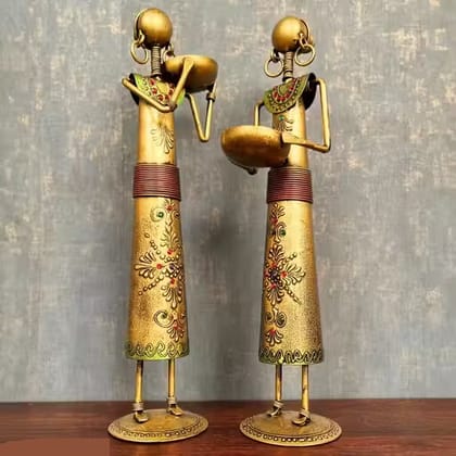 Metal Wrought Iron Tribal Lady showpieces Ladies Doll Figurine Statue Decorative Items | Show Pieces for Home Decor Stylish Living Room Tea Light Stand Golden