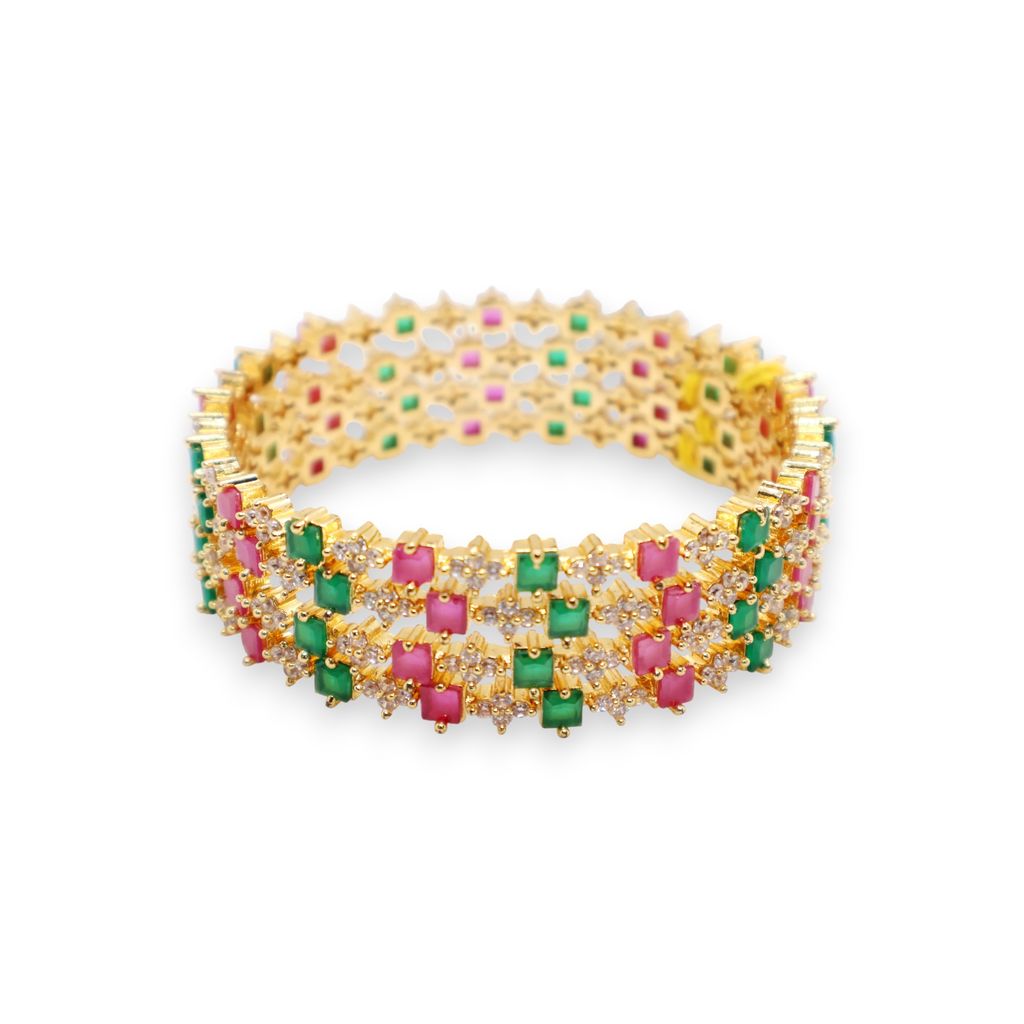 Elegant Gold-Plated Ruby & Emerald Stone Bangle
