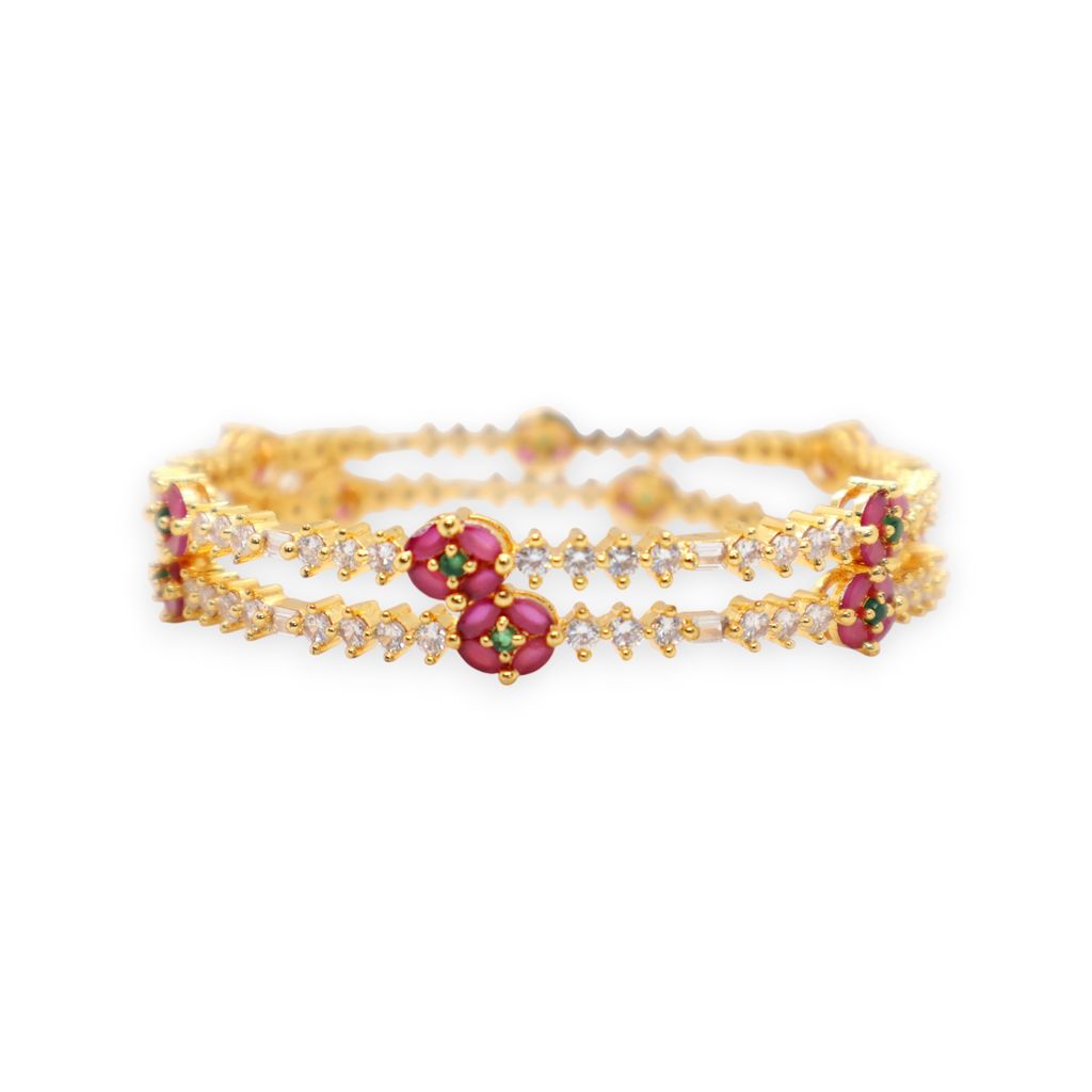 Gold-Plated Floral Ruby Stone Bangles