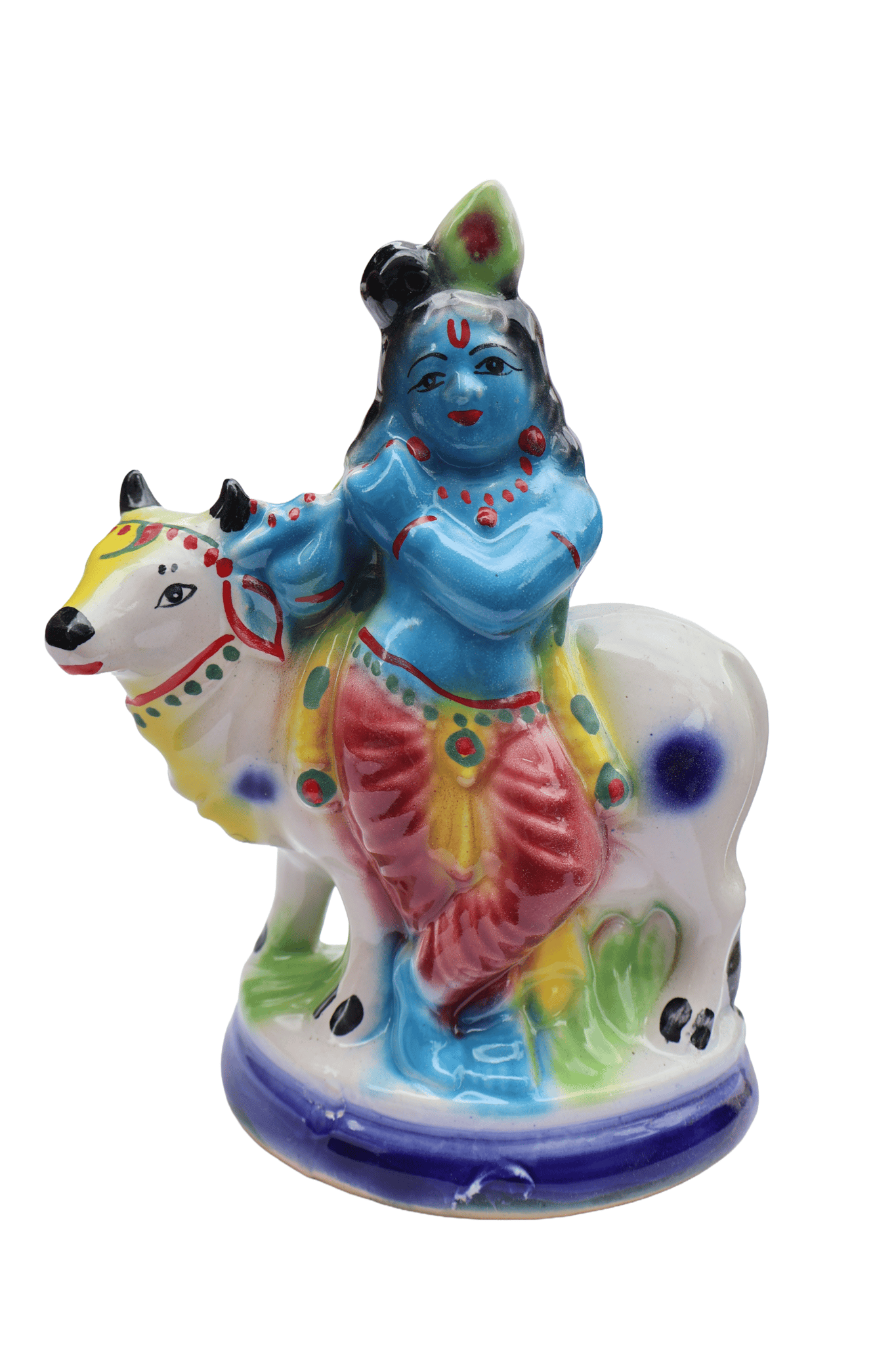 Ceramic Lord Krishna on Cow Idol Multi-Color Decorative Figurine