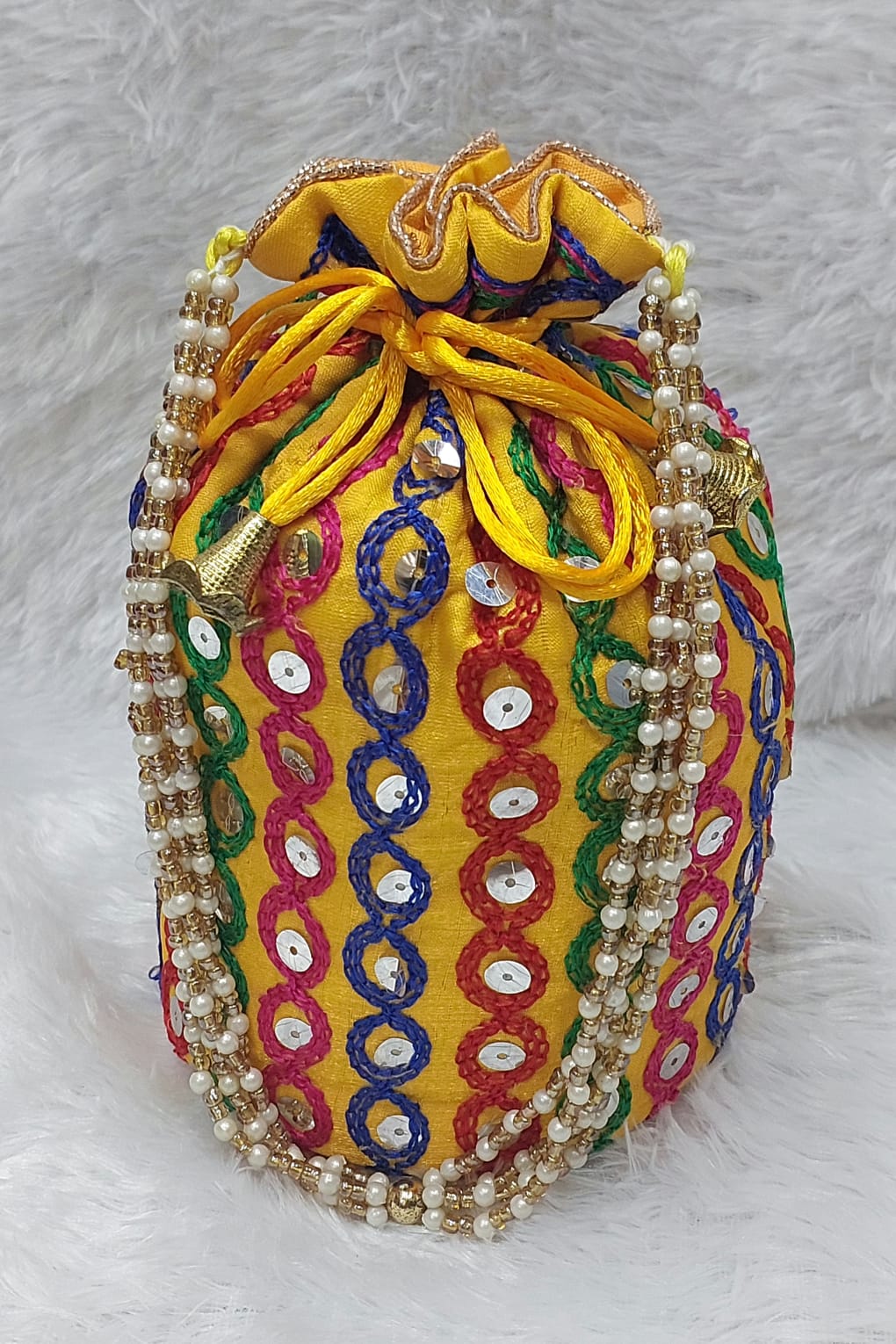 Vibrant Yellow Embroidered Potli Bag with Sequin & Pearl Handle