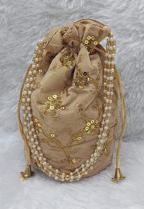 Elegant Beige Embroidered Potli Bag with Pearl Handle