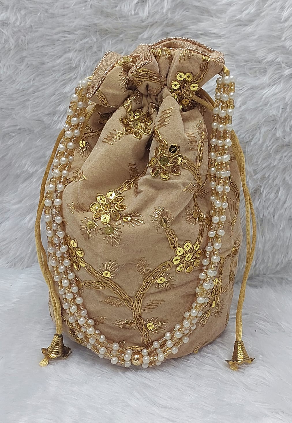 Elegant Beige Embroidered Potli Bag with Pearl Handle