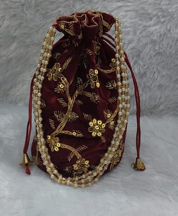 Elegant Maroon Velvet Potli Bag with Zari Embroidery & Pearl Handle