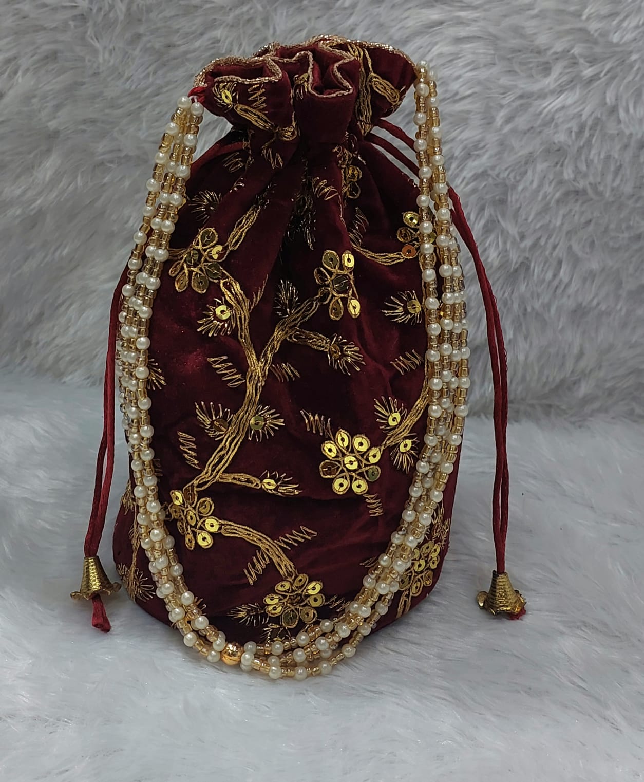 Elegant Maroon Velvet Potli Bag with Zari Embroidery & Pearl Handle