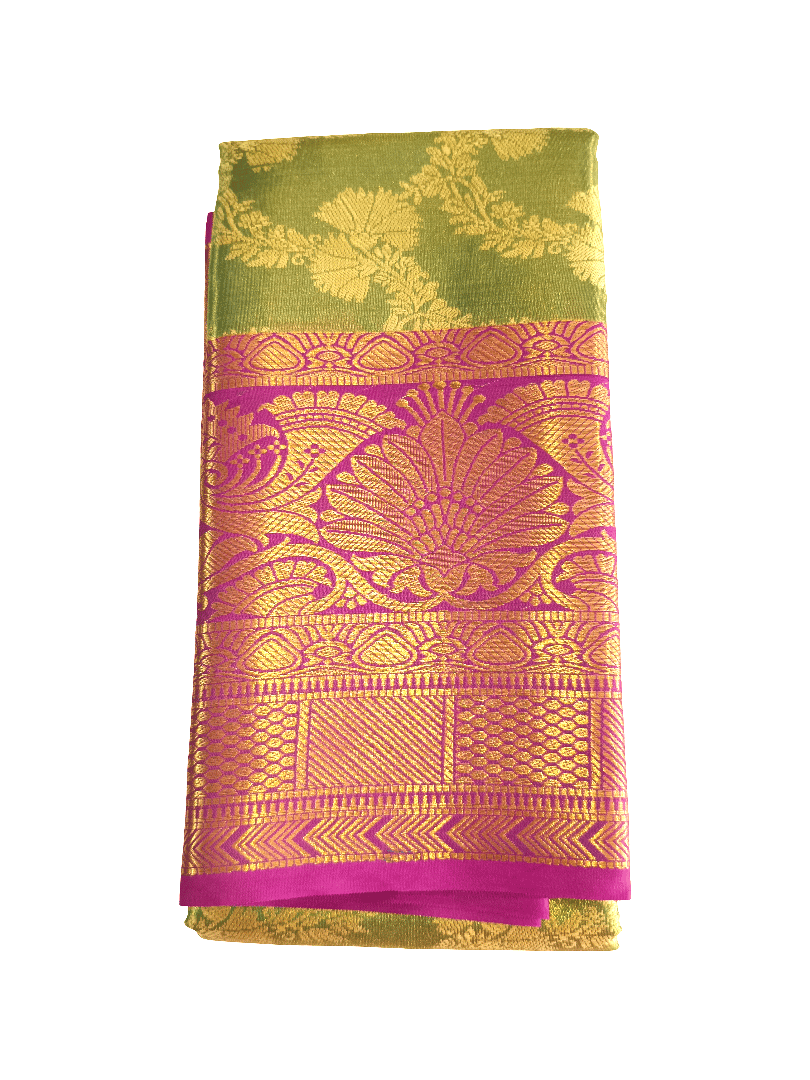 Traditional Lime Green Imitation Pattu Silk Saree with Pink Zari Border