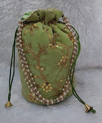 Elegant Light Green Velvet Potli Bag with Zari Embroidery and Pearl Handle
