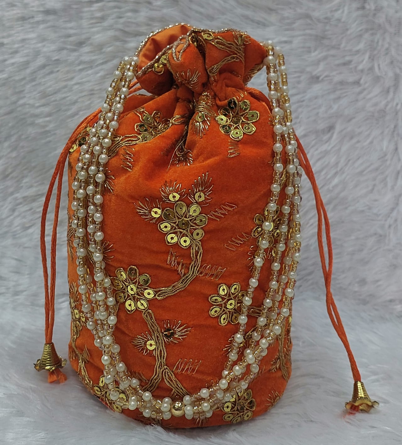 Orange Velvet Embroidered Potli Bag with Pearl & Sequin Work