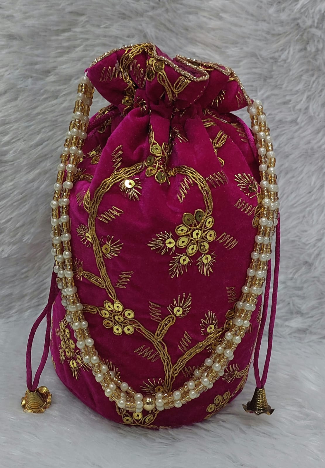 Fuchsia Velvet Embroidered Potli Bag with Pearl Handle