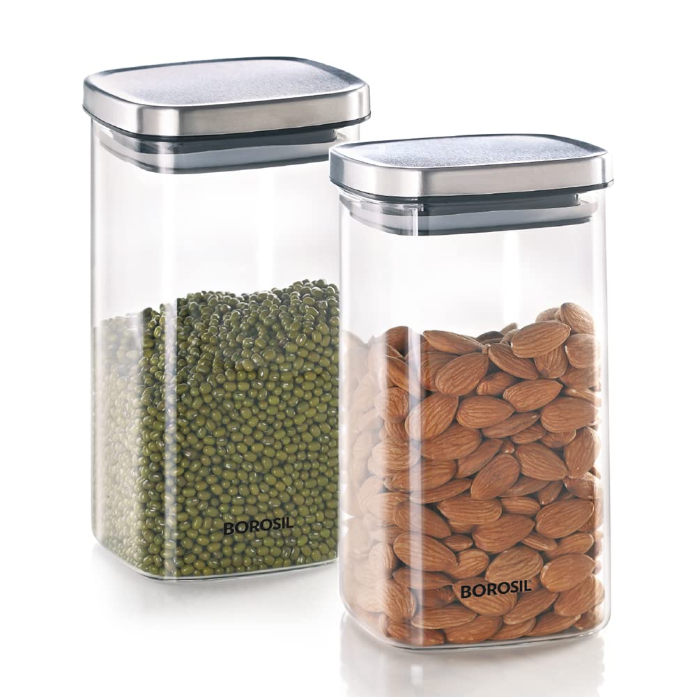 Borosil Classic Square Glass Jar, Air-Tight Storage Container for Kitchen, Glass Jar for Storing Spices, Dals, Grains, Rice, Set of 2 (1400 ml Each), Clear