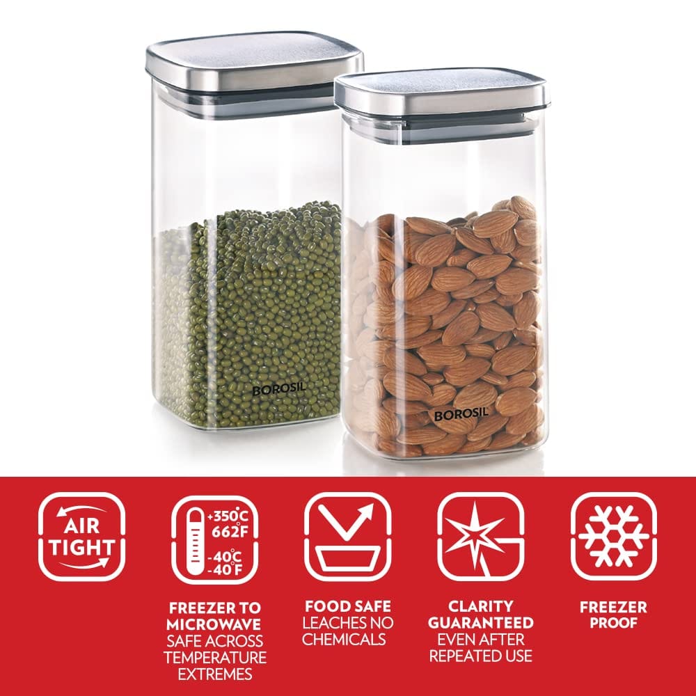 Borosil Classic Square Glass Jar, Air-Tight Storage Container for Kitchen, Glass Jar for Storing Spices, Dals, Grains, Rice, Set of 2 (1400 ml Each), Clear