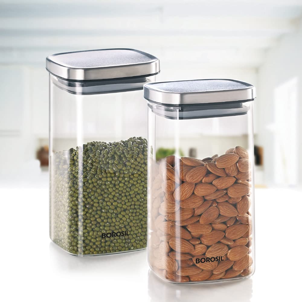 Borosil Classic Square Glass Jar, Air-Tight Storage Container for Kitchen, Glass Jar for Storing Spices, Dals, Grains, Rice, Set of 2 (1400 ml Each), Clear