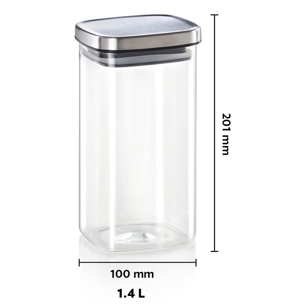 Borosil Classic Square Glass Jar, Air-Tight Storage Container for Kitchen, Glass Jar for Storing Spices, Dals, Grains, Rice, Set of 2 (1400 ml Each), Clear