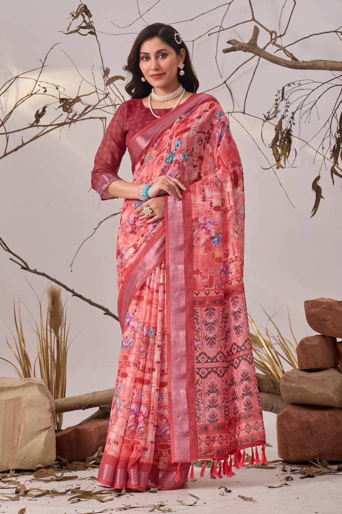 Women's Coral Pink Digital Print Floral Linen Saree