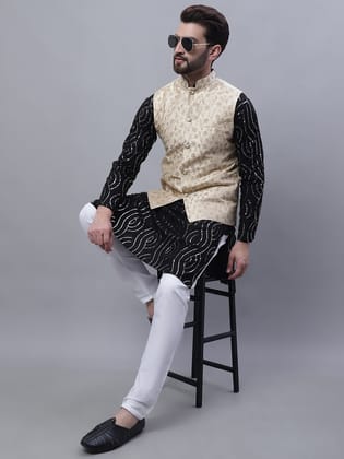 Sojanya Men's Pure Cotton Black Kurta and White Pyjama With Beige Nehru Jacket Set-38