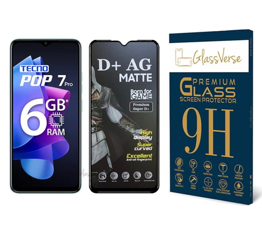 GlassVerse D+ Matte Tempered Glass With 18H Hardness For Tecno POP 7 (PACK OF 1) with Free Installation Kit Full screen Coverage - 6.56 inch GlassVerse D+ Matte Tempered Glass With 18H Hardness For Tecno POP 7 (PACK OF 1) with Free Installation Kit Full 