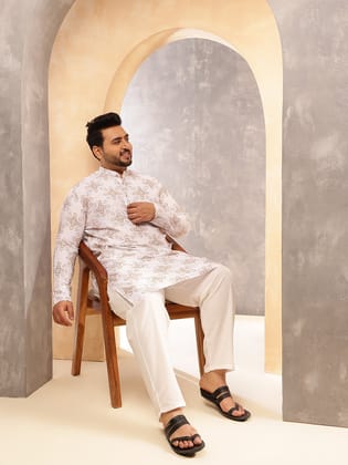 Men's Printed Cotton Linen White Kurta With White Pyjama-46