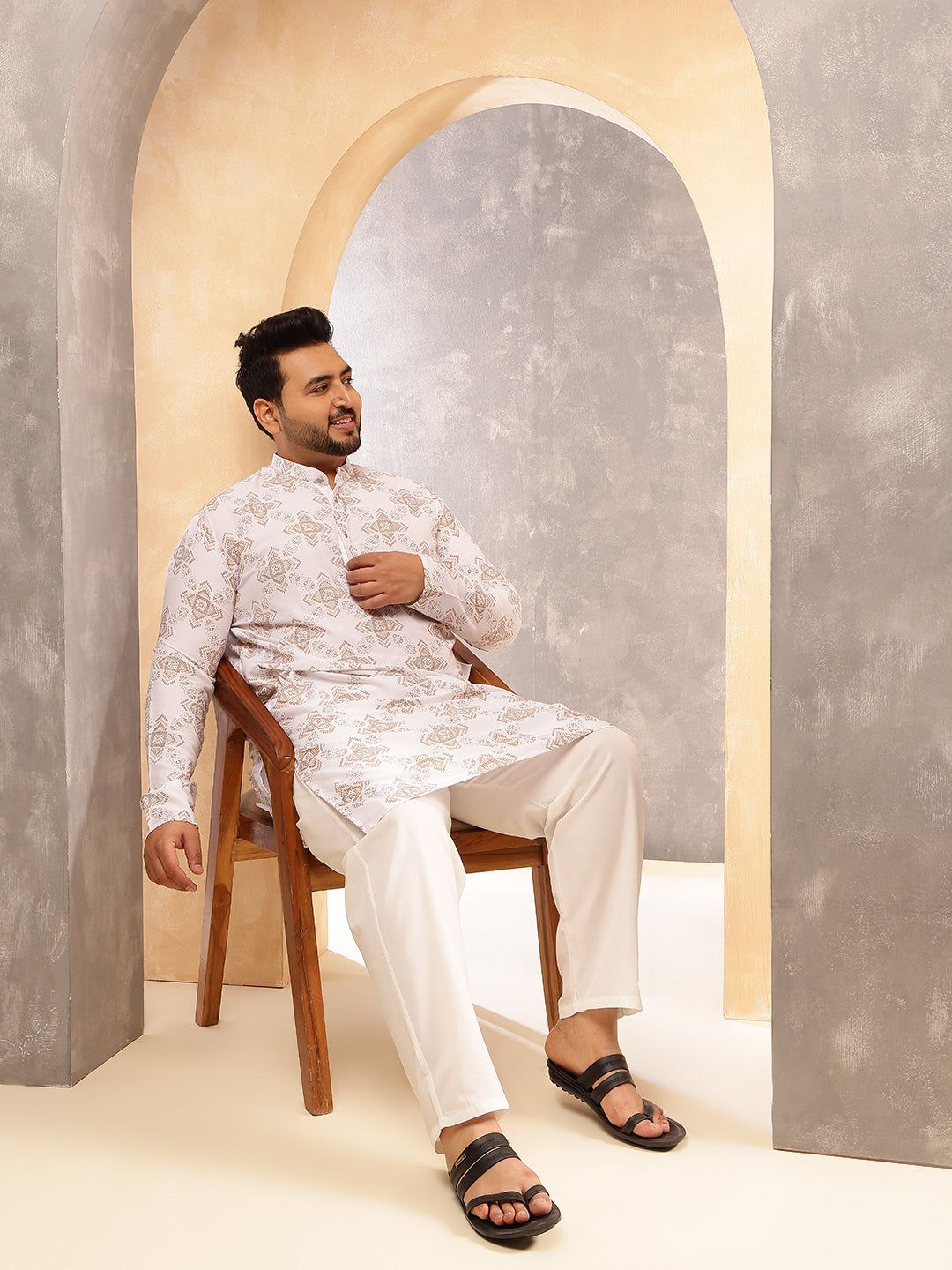 Men's Printed Cotton Linen White Kurta With White Pyjama-46