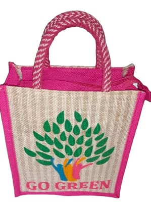 Eco-Friendly Jute Go Green Tote Bag with Hot Pink Trim & Zipper Closure