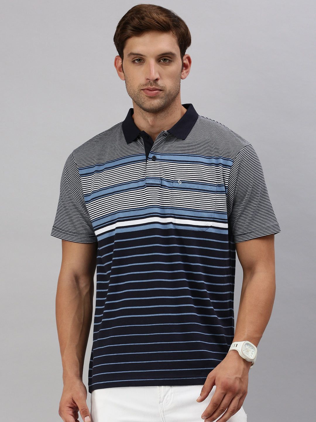 Classic Polo Men's Half Sleeve Navy Blue/White Polo Neck Authentic Fit Striped T-Shirt | AVON - 591 A AF P