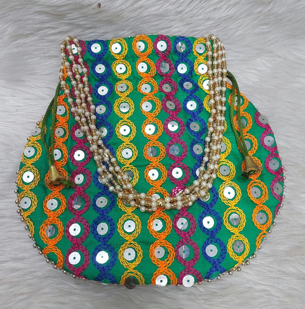 Green Embroidered Sequin Potli Bag with Pearl Handle