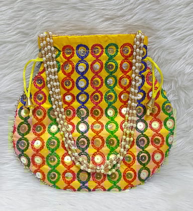 Yellow Embroidered Potli Bag with Pearl Handle & Sequin Work for Women