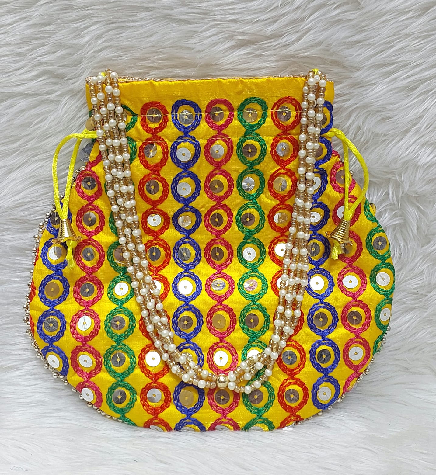 Yellow Embroidered Potli Bag with Pearl Handle & Sequin Work for Women