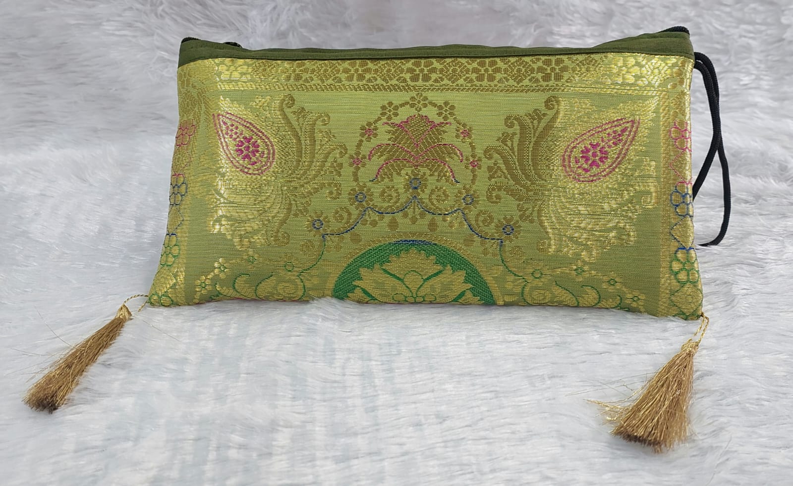 Elegant Brocade Floral Zari Work Decorative Pouch with Tassels