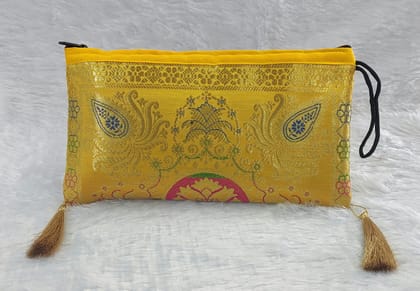 Traditional Yellow Brocade Clutch Bag with Tassels for Women