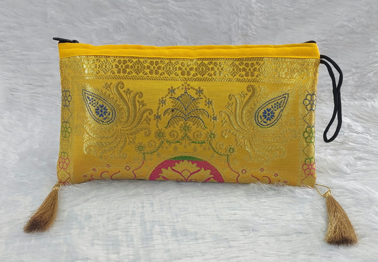 Traditional Yellow Brocade Clutch Bag with Tassels for Women