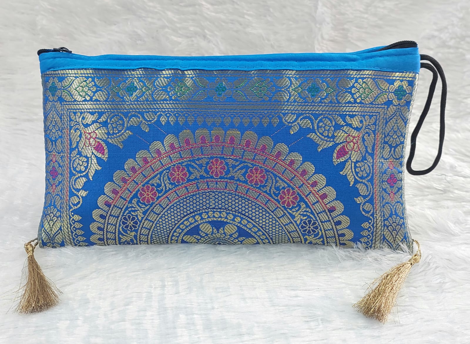 Elegant Royal Blue Brocade Ethnic Pouch with Zari Work & Tassels