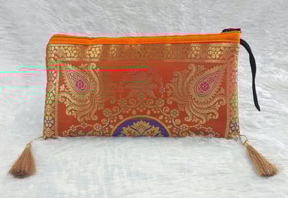 Traditional Orange Brocade Ethnic Pouch with Tassels
