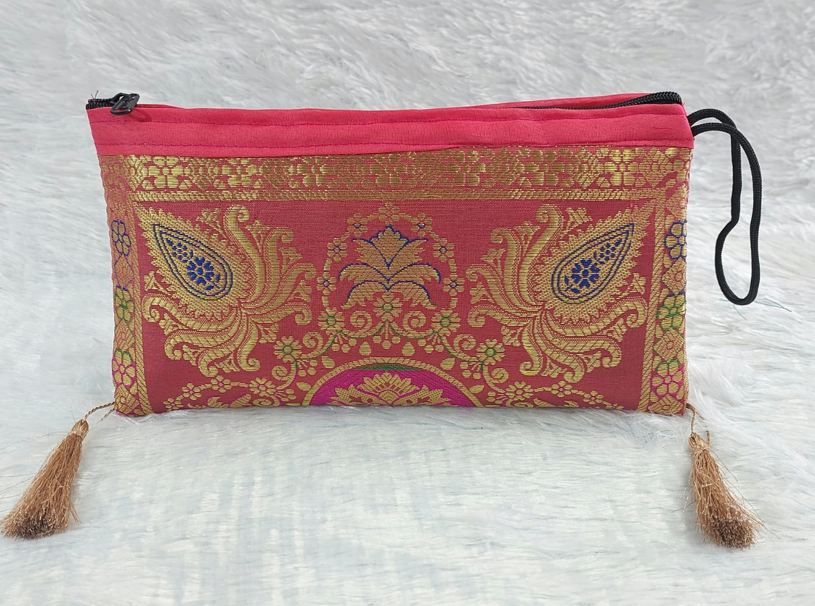 Brocade Silk Ethnic Pouch with Golden Zari Work and Tassels - Reddish Pink