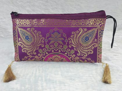 Ethnic Purple Brocade Zari Work Pouch with Tassels
