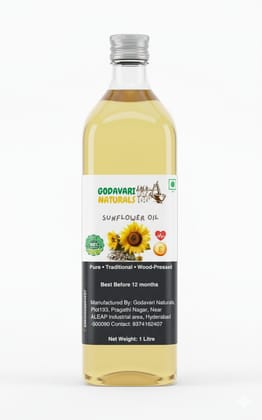 Godavari Naturals Wood Cold Pressed Sunflower Oil 1L | Plastic Bottle | Kolhu/Chekku | Extracted on Wooden Churner | Natural | Chemical-Free | Cold Pressed Sunflower Oil for Cooking