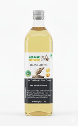Godavari Naturals Wood Cold Pressed White Sesame Oil - 1L | Glass Bottle | Kolhu/Kacchi Ghani/Chekku | Gingelly Oil | Natural | Chemical-Free | Cold Pressed Sesame Oil for Cooking