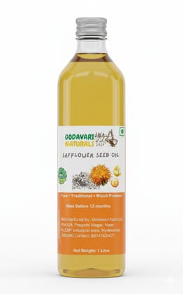 Godavari Naturals Cold Pressed Safflower Oil 1 Litre, Freshly Hulled, Seeds for 1L Pure Woodpress Oil, Wood Pressed Kardai/Kardi Tel (Lakdi Ghani/Marachekku) for Healthy Cooking
