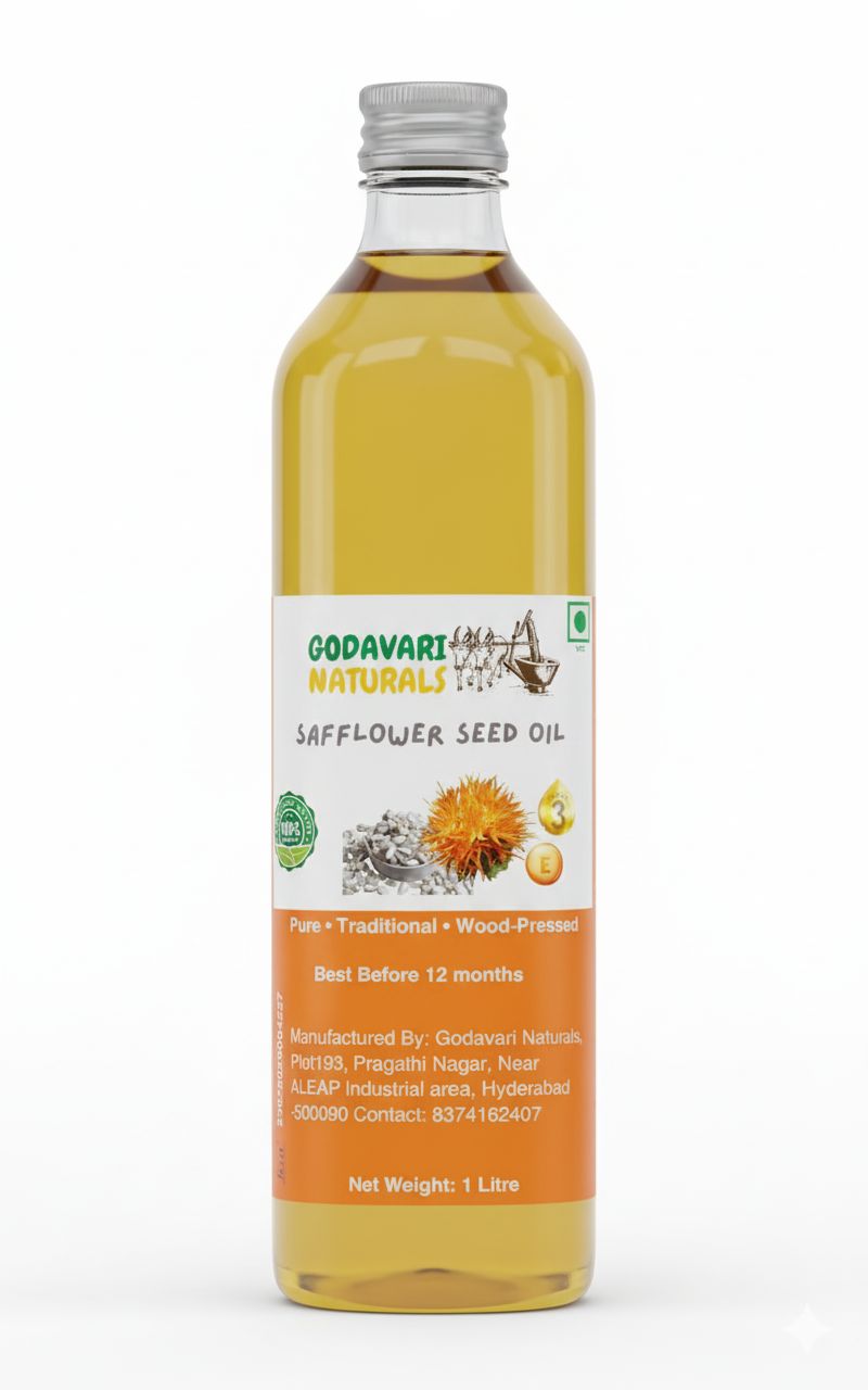 Godavari Naturals Cold Pressed Safflower Oil 1 Litre, Freshly Hulled, Seeds for 1L Pure Woodpress Oil, Wood Pressed Kardai/Kardi Tel (Lakdi Ghani/Marachekku) for Healthy Cooking