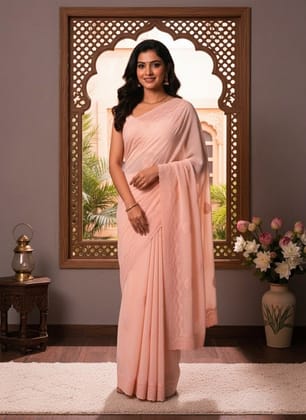 Elegant Light Peach Embroidered Chiffon Saree