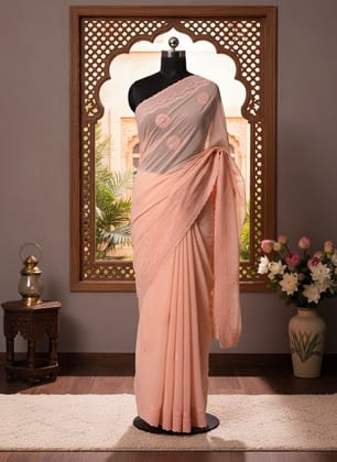 Elegant Light Peach Embroidered Chiffon Saree