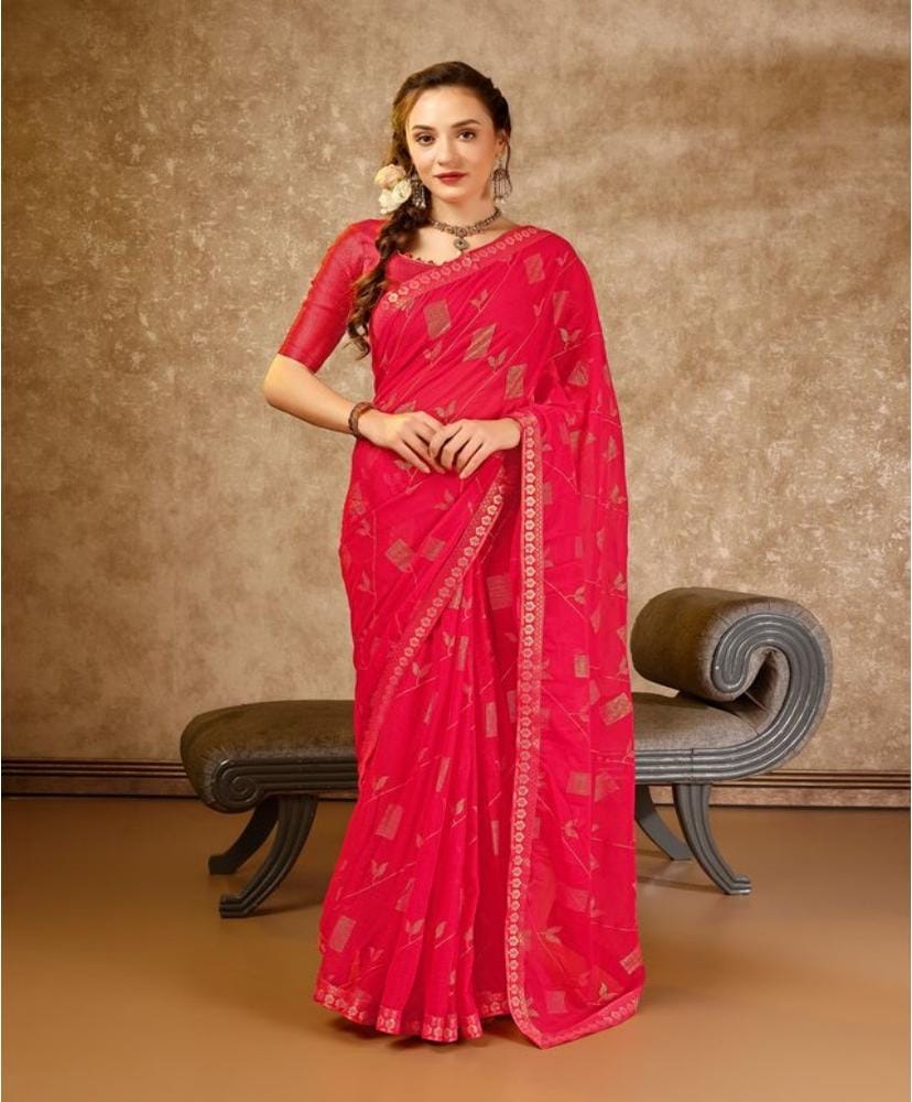 Women's Zomto Patta Chiffon Saree with Unstitched Blouse (Pink, 5-6 Mtrs)