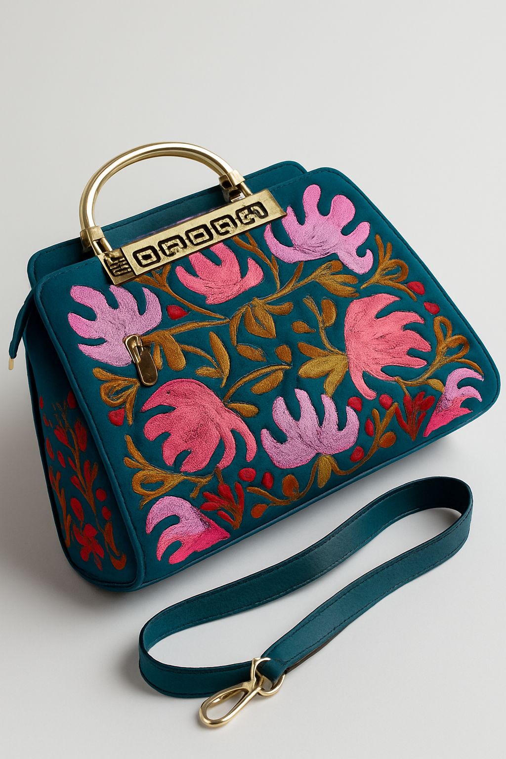 Elegant Teal Embroidered Floral Satchel Handbag with Gold Handle and Strap