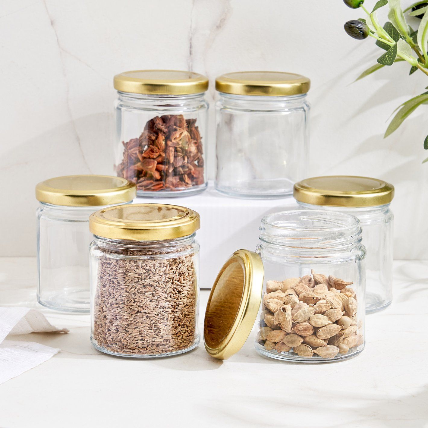 Syndleyz Airtight Clear Glass Storage Jars with Gold Lids 200 Ml - Set of 6