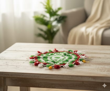 Handmade Crocheted Festive Green Red White Coaster with Tassels