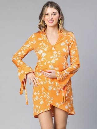 Hail Up Yellow Floral Print Wrapped Maternity Dress Stylish-S