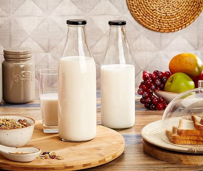 MACHAK Glass Water Bottle For Milk |Juice| Shakes With Rust Proof Airtight Metal Cap (1000 ML Set Of 2)