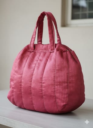 Maroon Striped Fabric Dome Hand Bag for Women